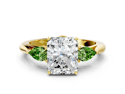 Yellow gold Radiant Cut Diamond Three-Stone Ring with Pear with Peridot side stone Side Stones and Prong Setting
