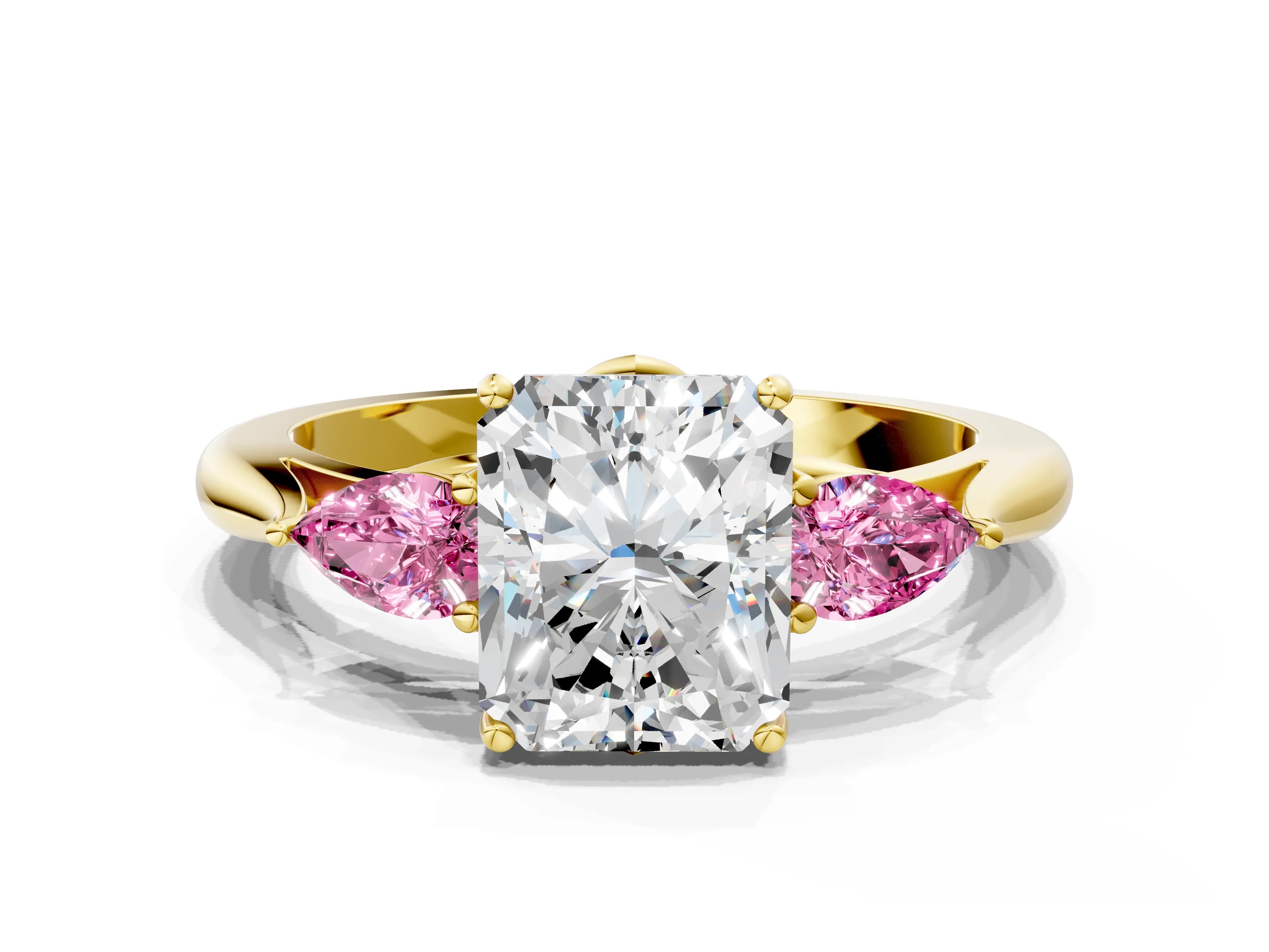 Yellow gold Radiant Cut Diamond Three-Stone Ring with Pear with Pink Sapphire side stone Side Stones and Prong Setting