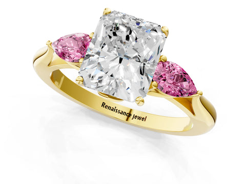 Yellow gold Radiant Cut Diamond Three-Stone Ring with Pear with Pink Sapphire side stone Side Stones and Prong Setting_1