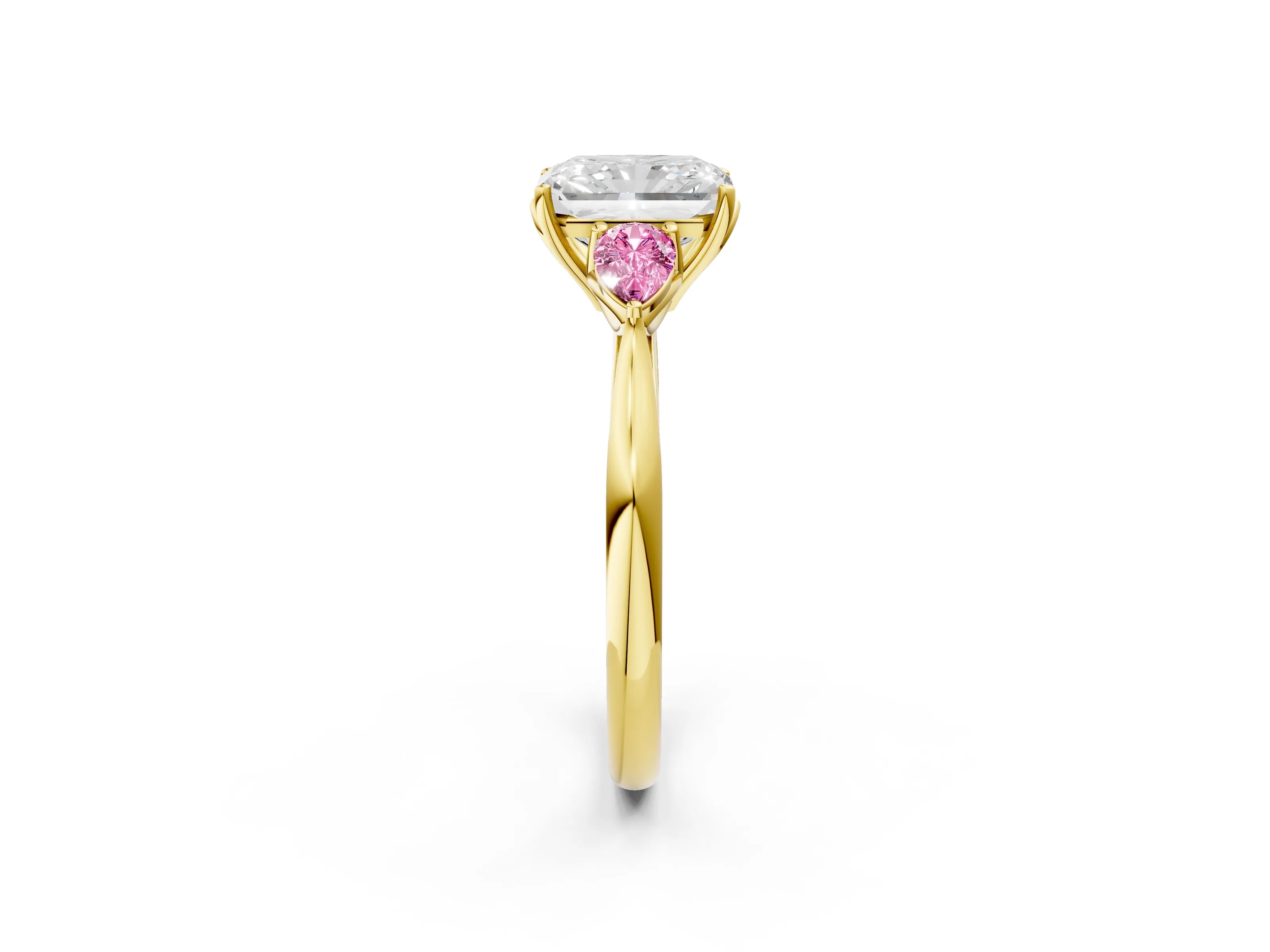 Yellow gold Radiant Cut Diamond Three-Stone Ring with Pear with Pink Sapphire side stone Side Stones and Prong Setting_2
