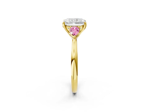 Yellow gold Radiant Cut Diamond Three-Stone Ring with Pear with Pink Sapphire side stone Side Stones and Prong Setting_2