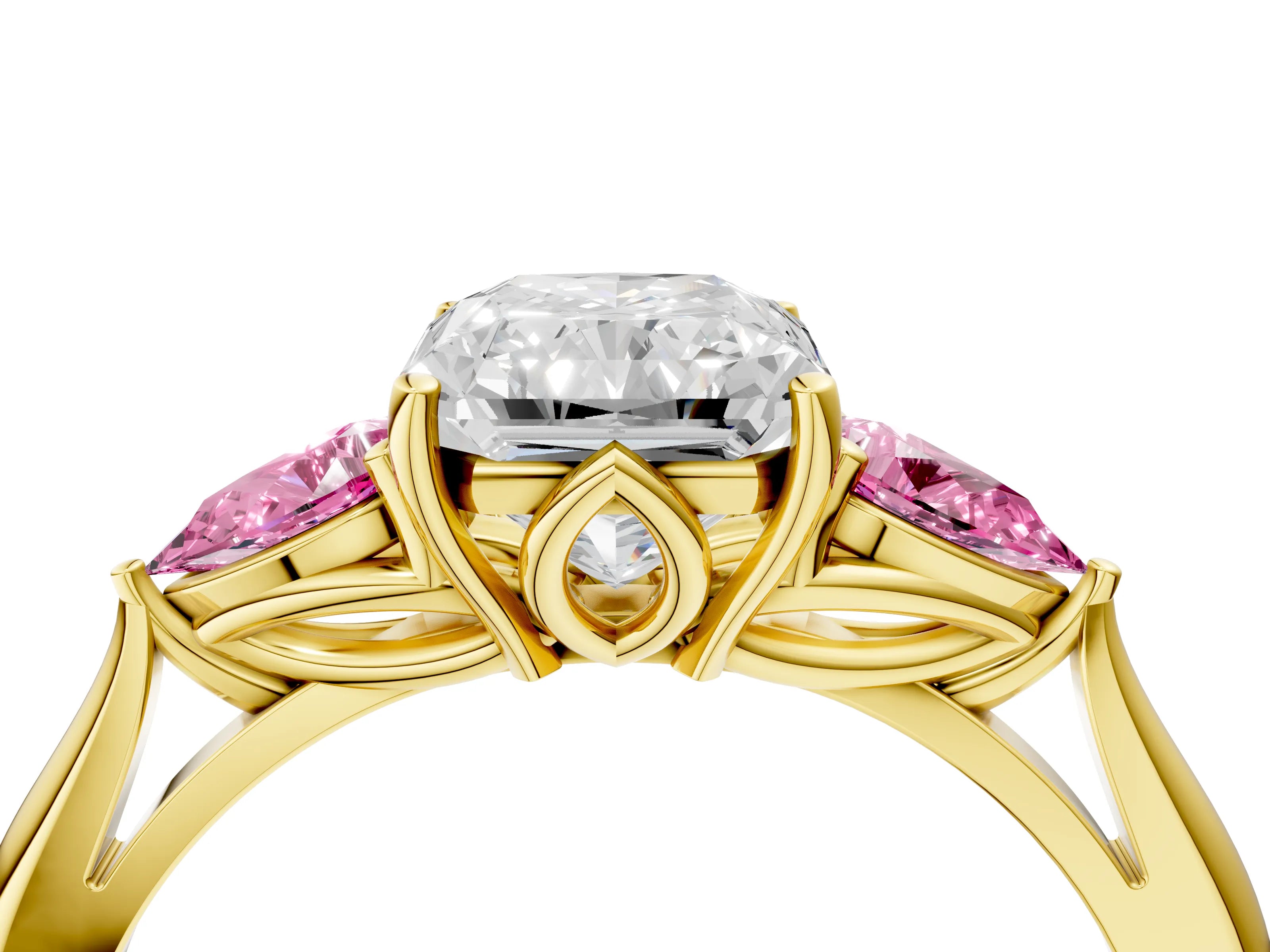 Yellow gold Radiant Cut Diamond Three-Stone Ring with Pear with Pink Sapphire side stone Side Stones and Prong Setting_4