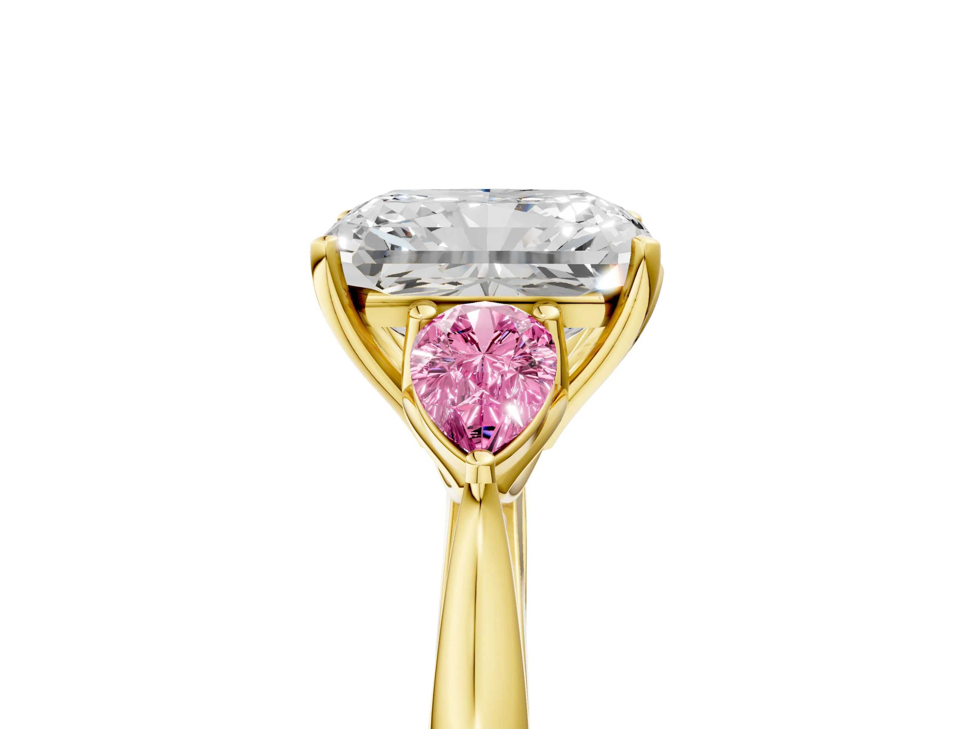 Yellow gold Radiant Cut Diamond Three-Stone Ring with Pear with Pink Sapphire side stone Side Stones and Prong Setting_5
