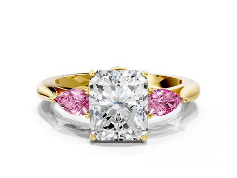 Yellow gold Radiant Cut Diamond Three-Stone Ring with Pear with Pink Sapphire side stone Side Stones and Prong Setting