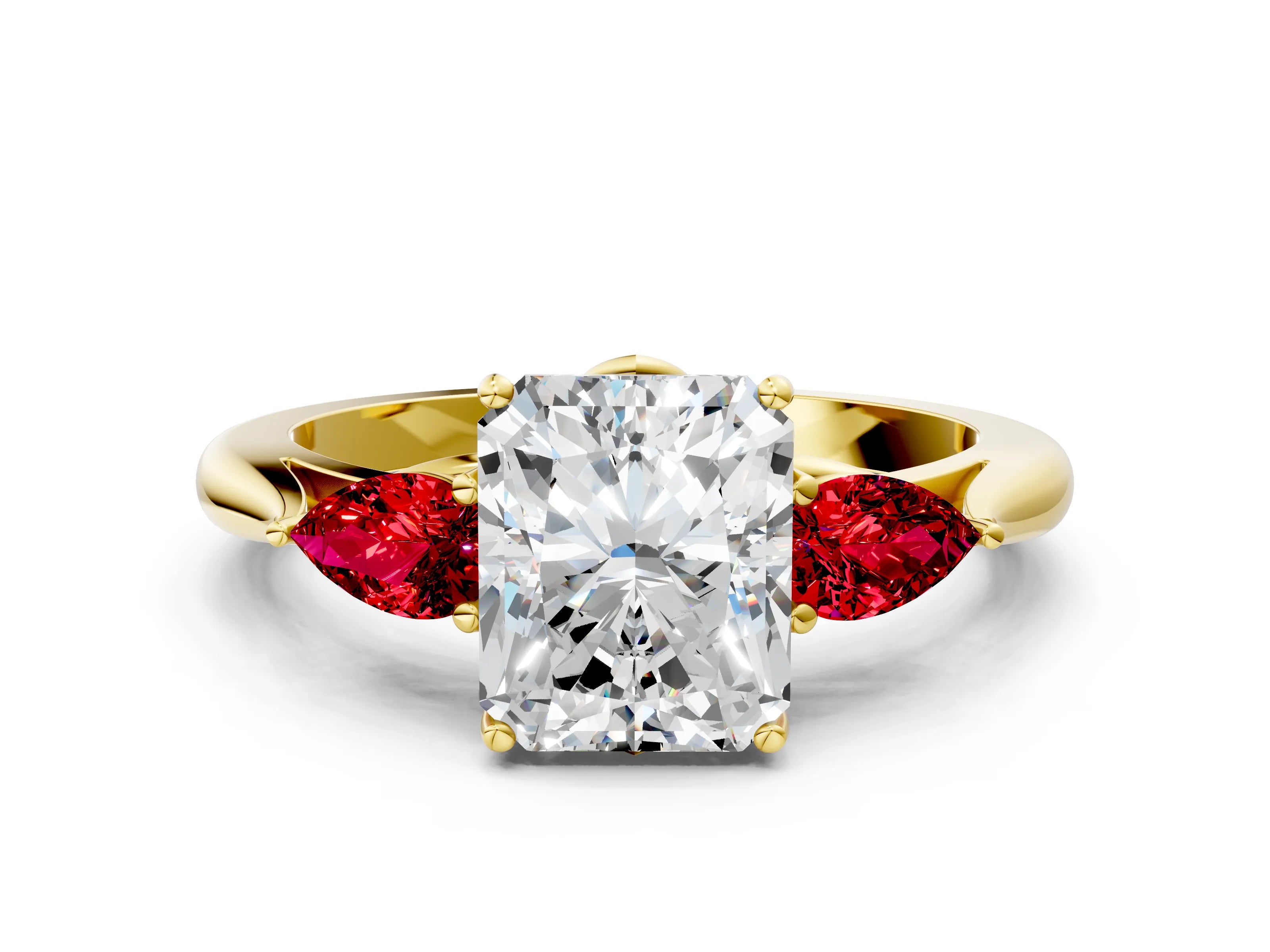 Yellow gold Radiant Cut Diamond Three-Stone Ring with Pear with Ruby side stone Side Stones and Prong Setting