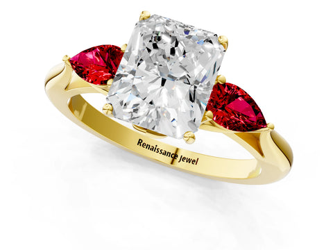Yellow gold Radiant Cut Diamond Three-Stone Ring with Pear with Ruby side stone Side Stones and Prong Setting_1