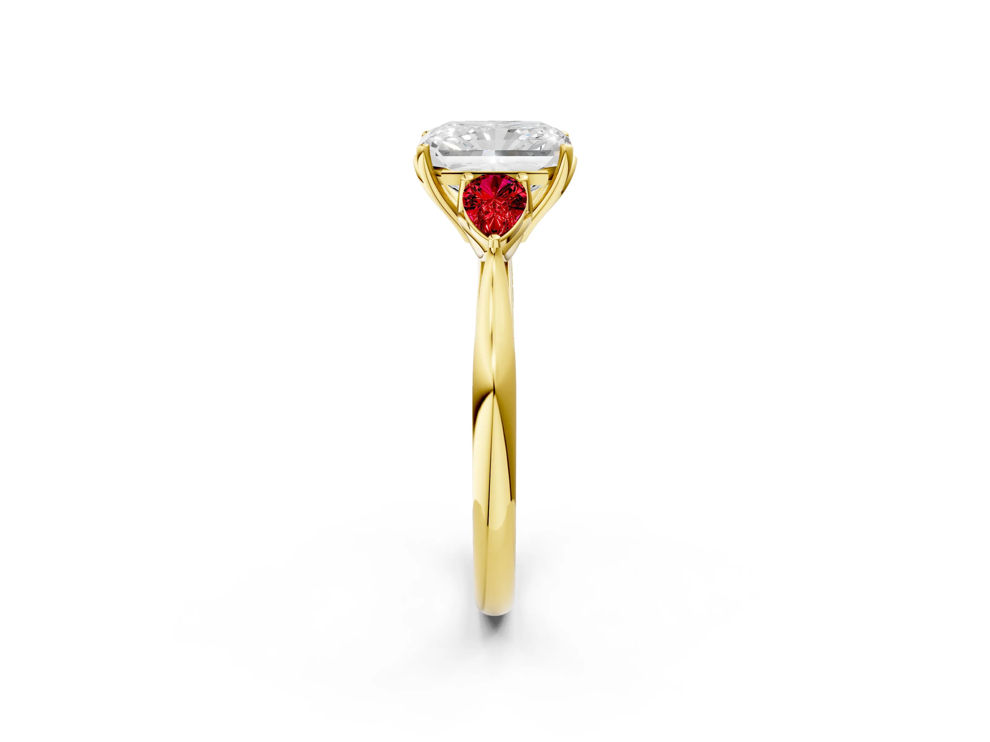 Yellow gold Radiant Cut Diamond Three-Stone Ring with Pear with Ruby side stone Side Stones and Prong Setting_2