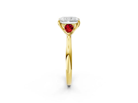 Yellow gold Radiant Cut Diamond Three-Stone Ring with Pear with Ruby side stone Side Stones and Prong Setting_2