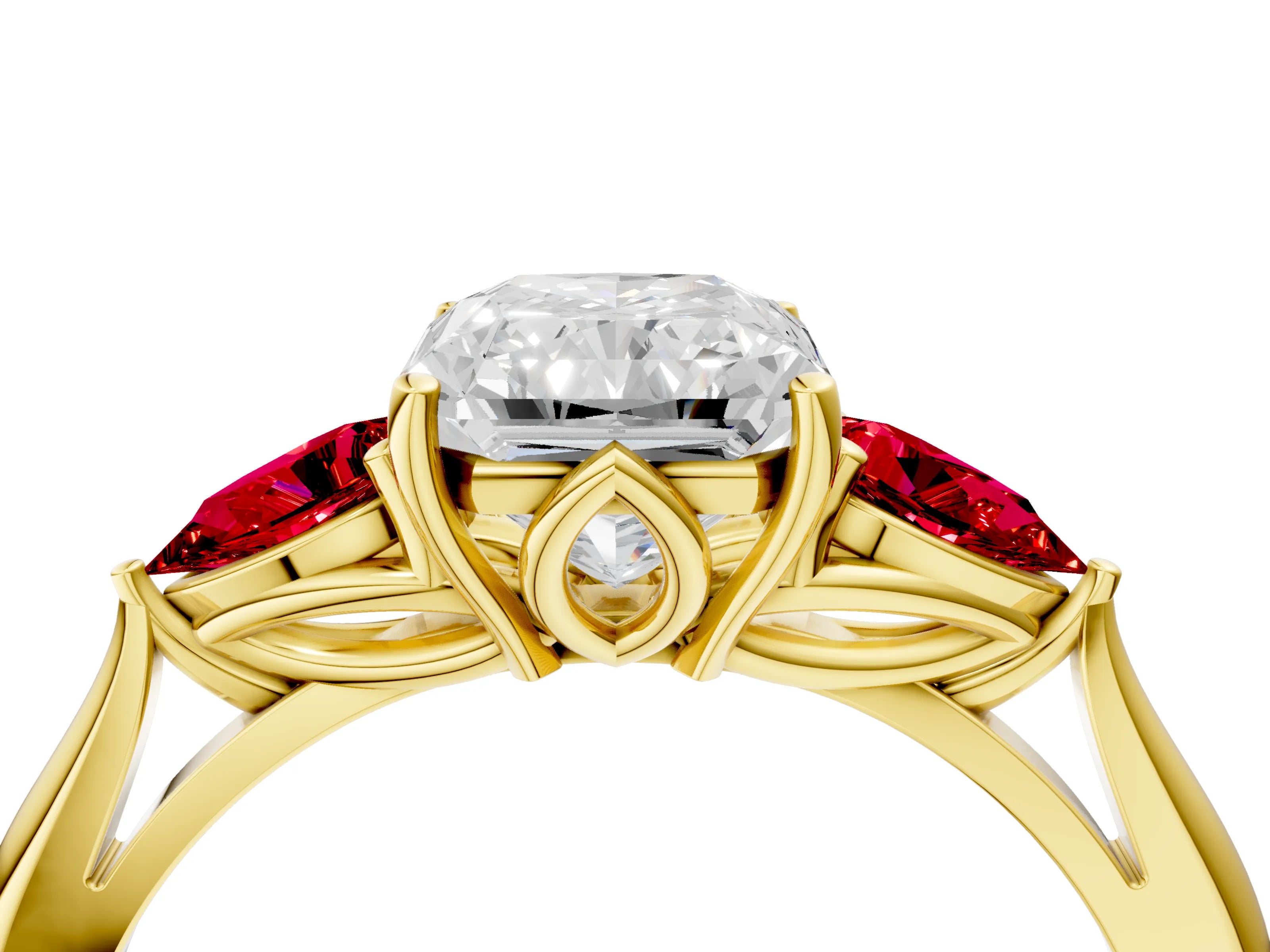 Yellow gold Radiant Cut Diamond Three-Stone Ring with Pear with Ruby side stone Side Stones and Prong Setting_4