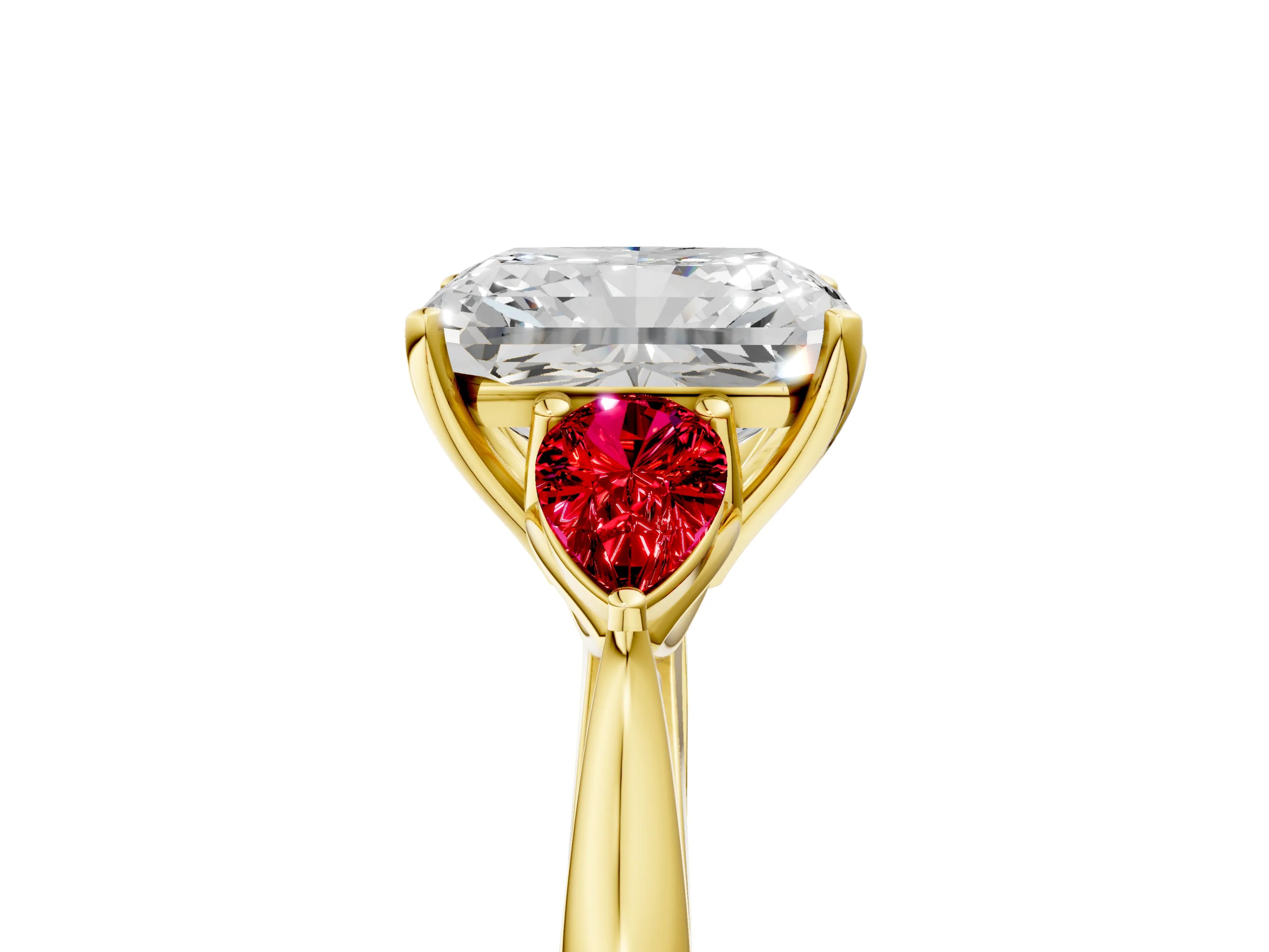 Yellow gold Radiant Cut Diamond Three-Stone Ring with Pear with Ruby side stone Side Stones and Prong Setting_5