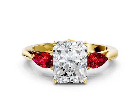 Yellow gold Radiant Cut Diamond Three-Stone Ring with Pear with Ruby side stone Side Stones and Prong Setting