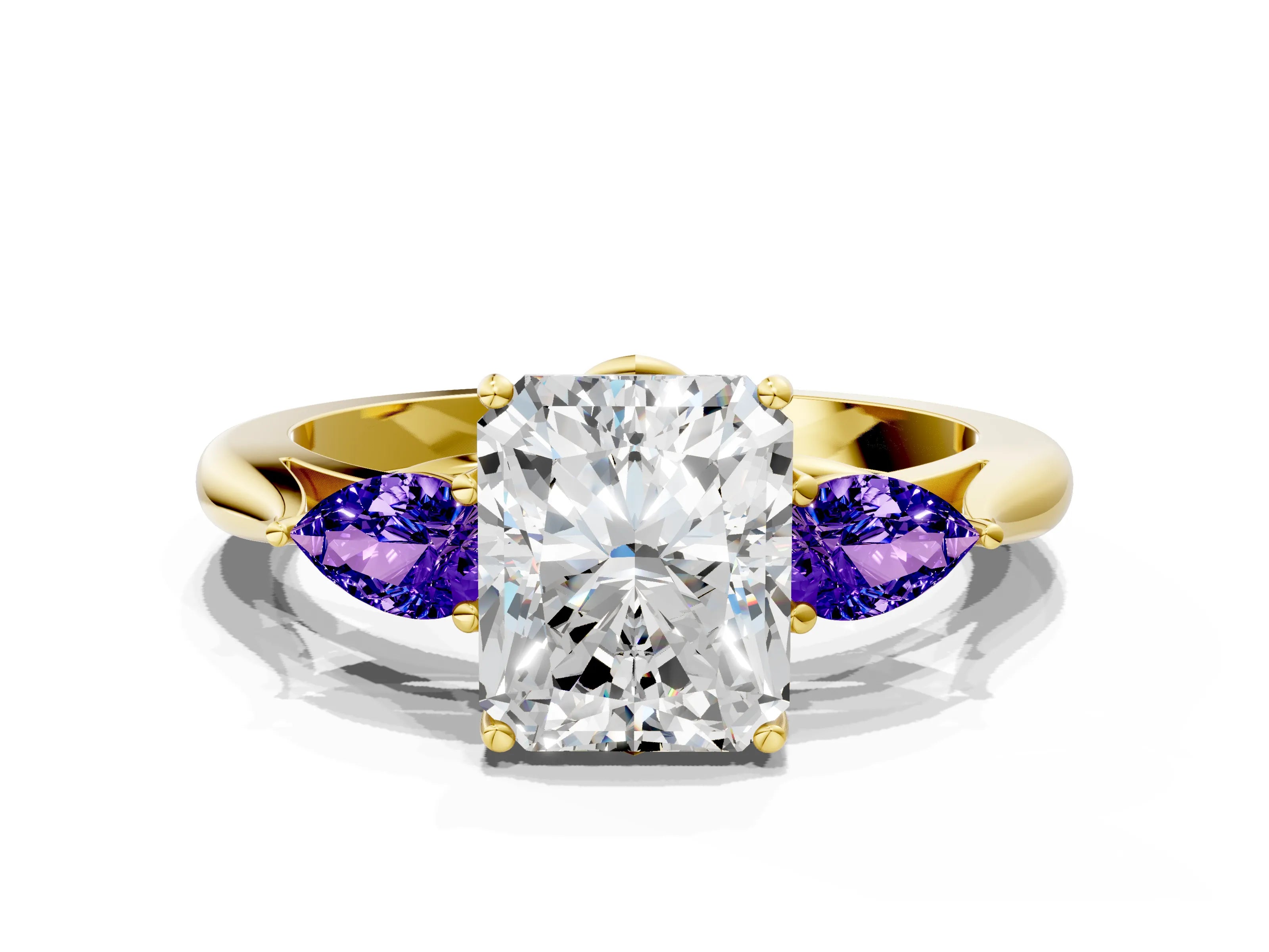 Yellow gold Radiant Cut Diamond Three-Stone Ring with Pear with Tanzanite side stone Side Stones and Prong Setting