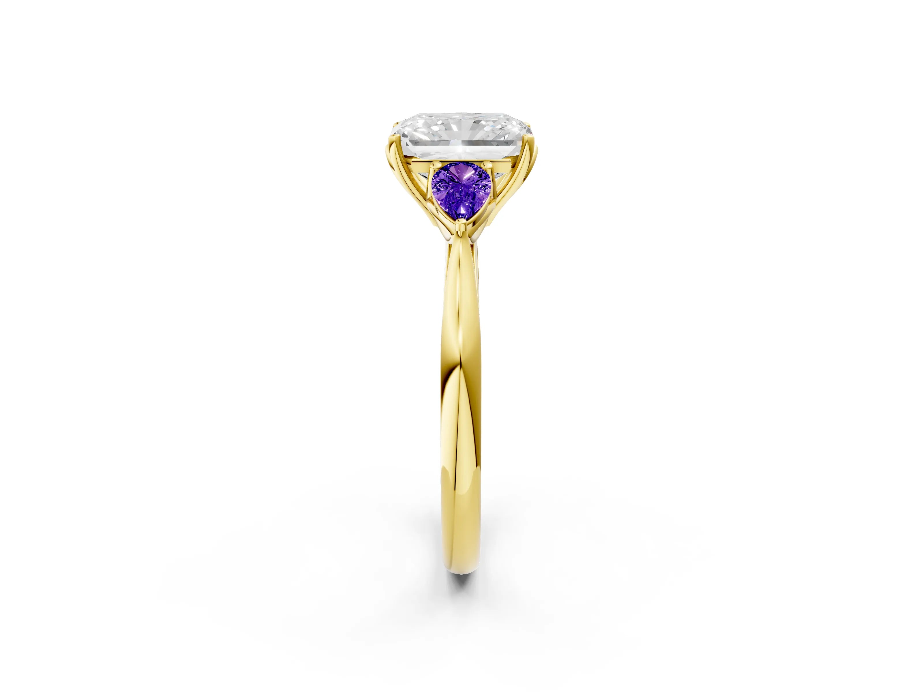 Yellow gold Radiant Cut Diamond Three-Stone Ring with Pear with Tanzanite side stone Side Stones and Prong Setting_2