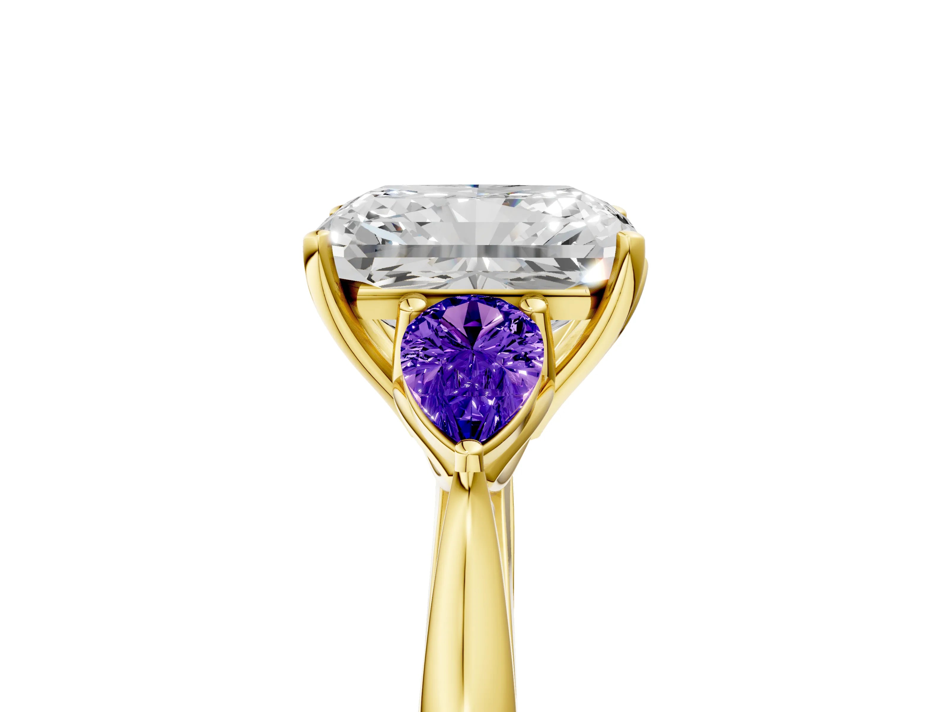 Yellow gold Radiant Cut Diamond Three-Stone Ring with Pear with Tanzanite side stone Side Stones and Prong Setting_5