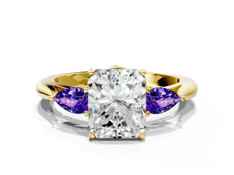 Yellow gold Radiant Cut Diamond Three-Stone Ring with Pear with Tanzanite side stone Side Stones and Prong Setting