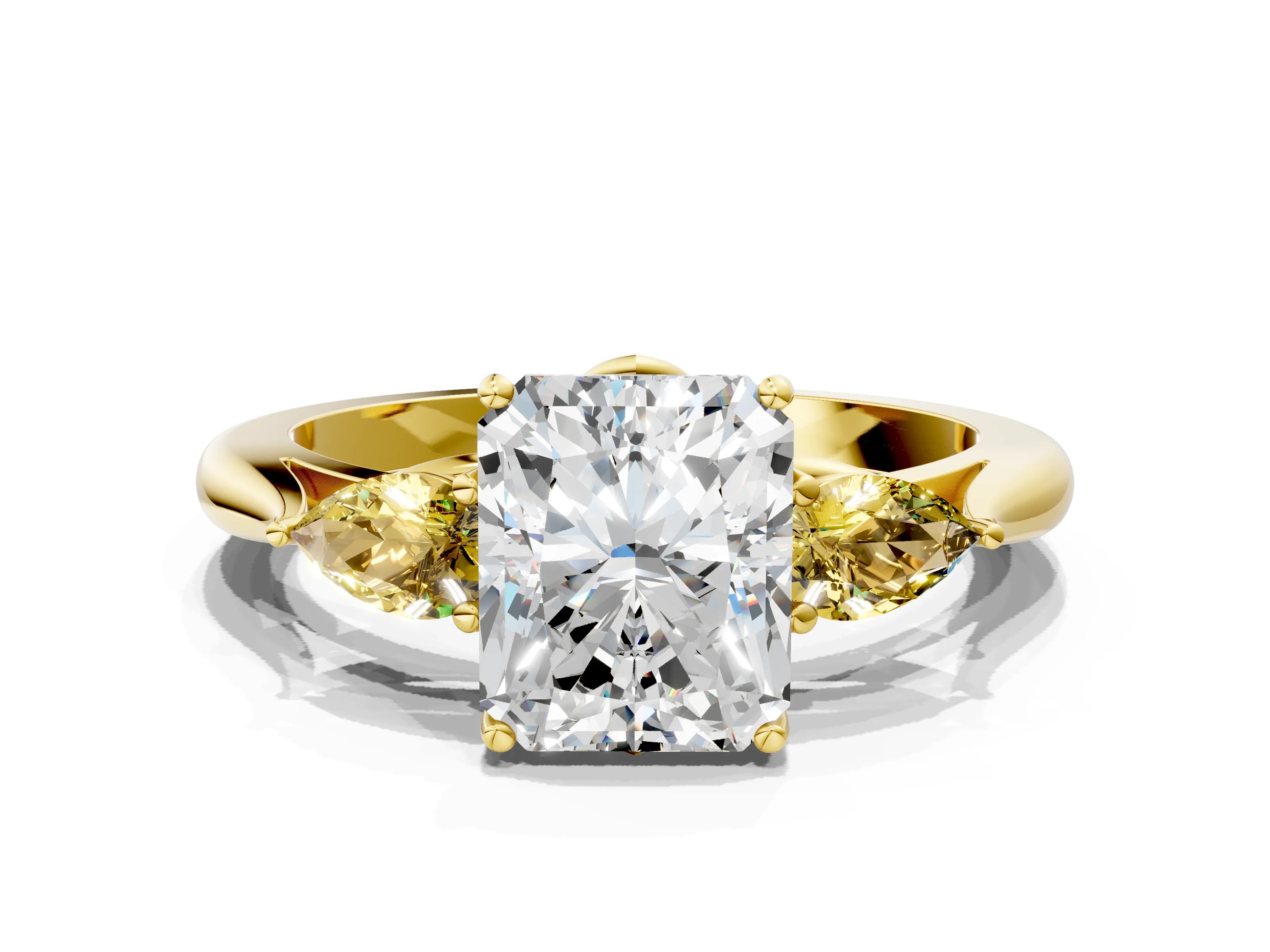Yellow gold Radiant Cut Diamond Three-Stone Ring with Pear with Yellow Sapphire side stone Side Stones and Prong Setting