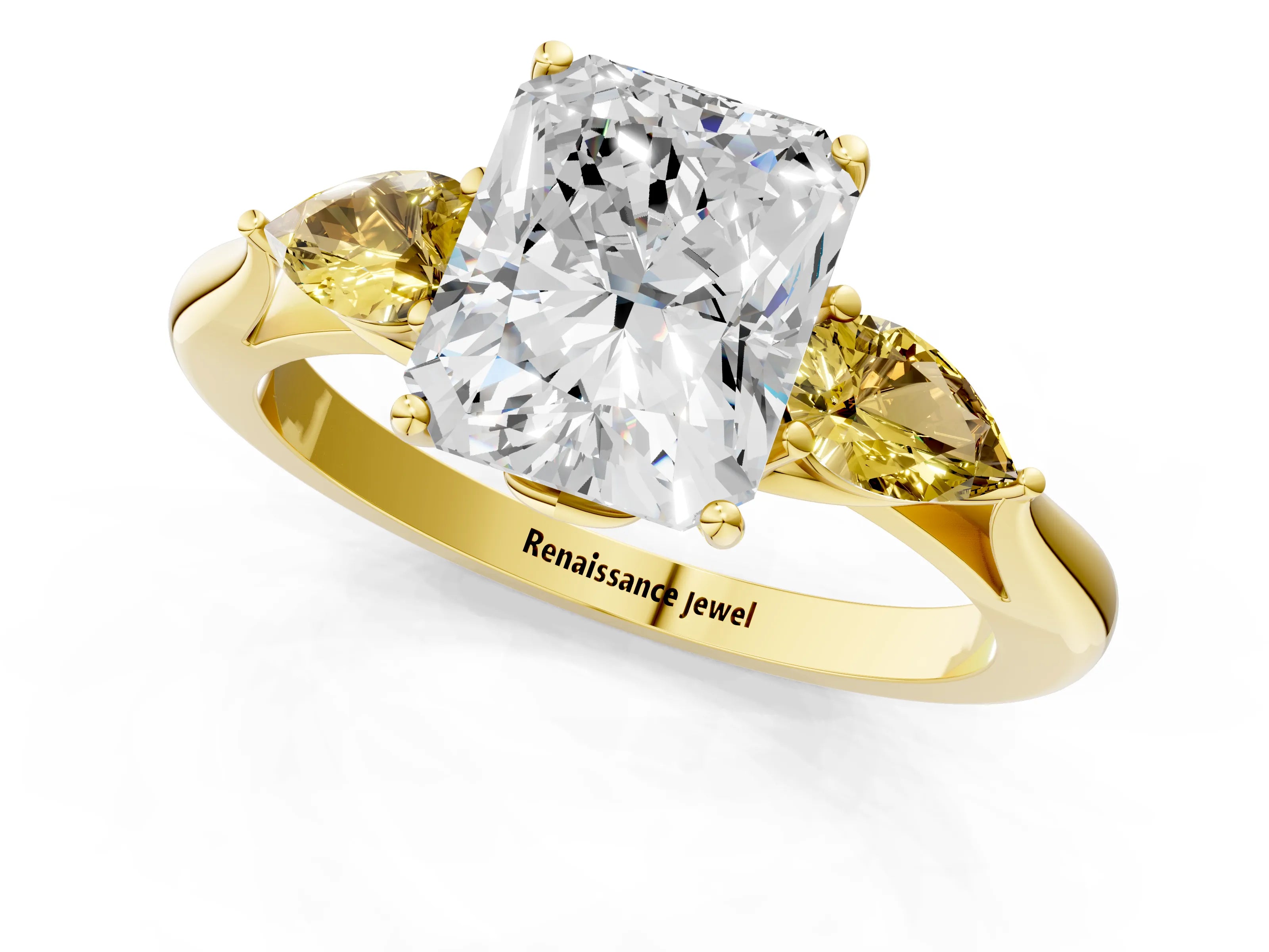 Yellow gold Radiant Cut Diamond Three-Stone Ring with Pear with Yellow Sapphire side stone Side Stones and Prong Setting_1