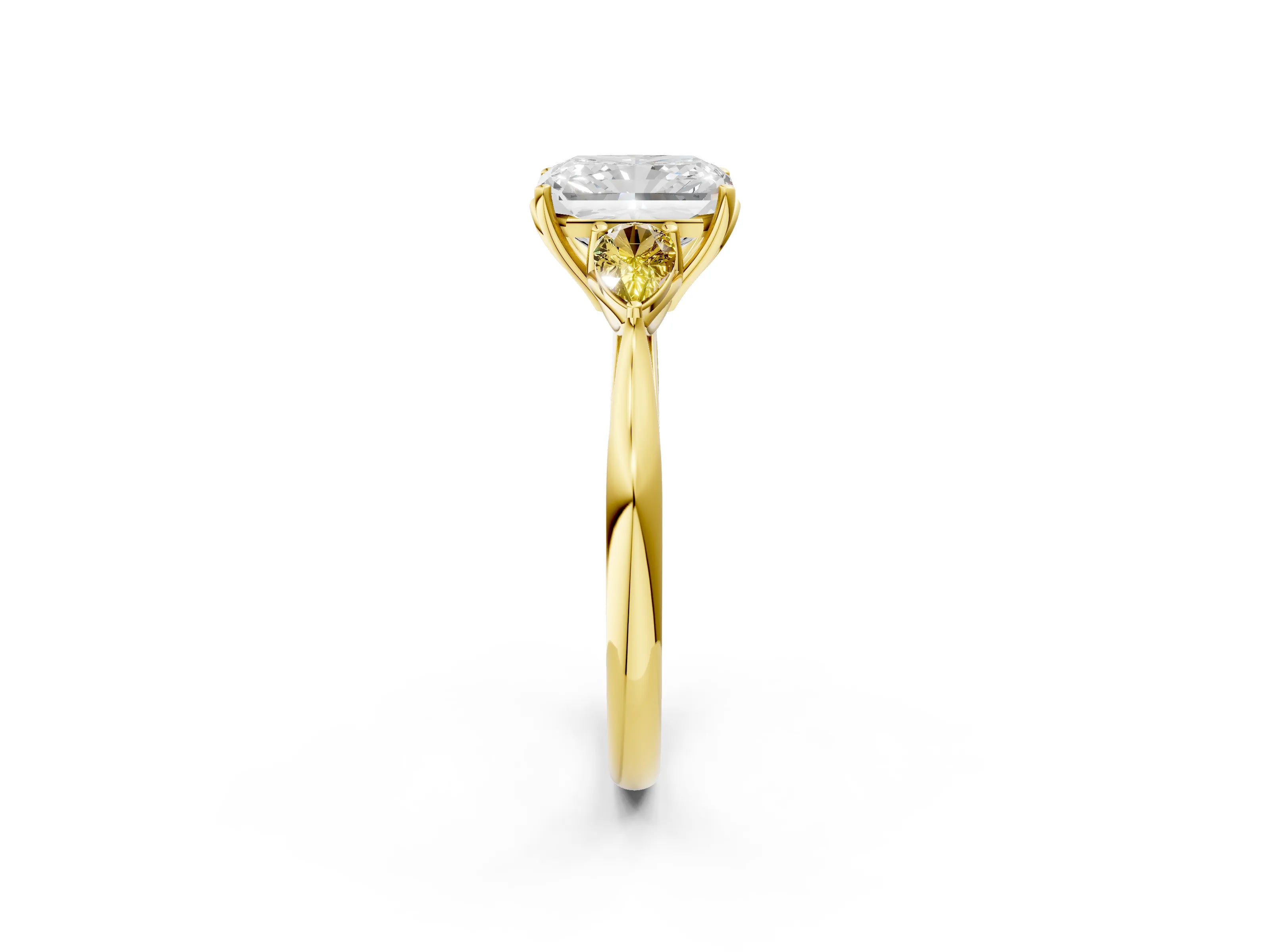 Yellow gold Radiant Cut Diamond Three-Stone Ring with Pear with Yellow Sapphire side stone Side Stones and Prong Setting_2