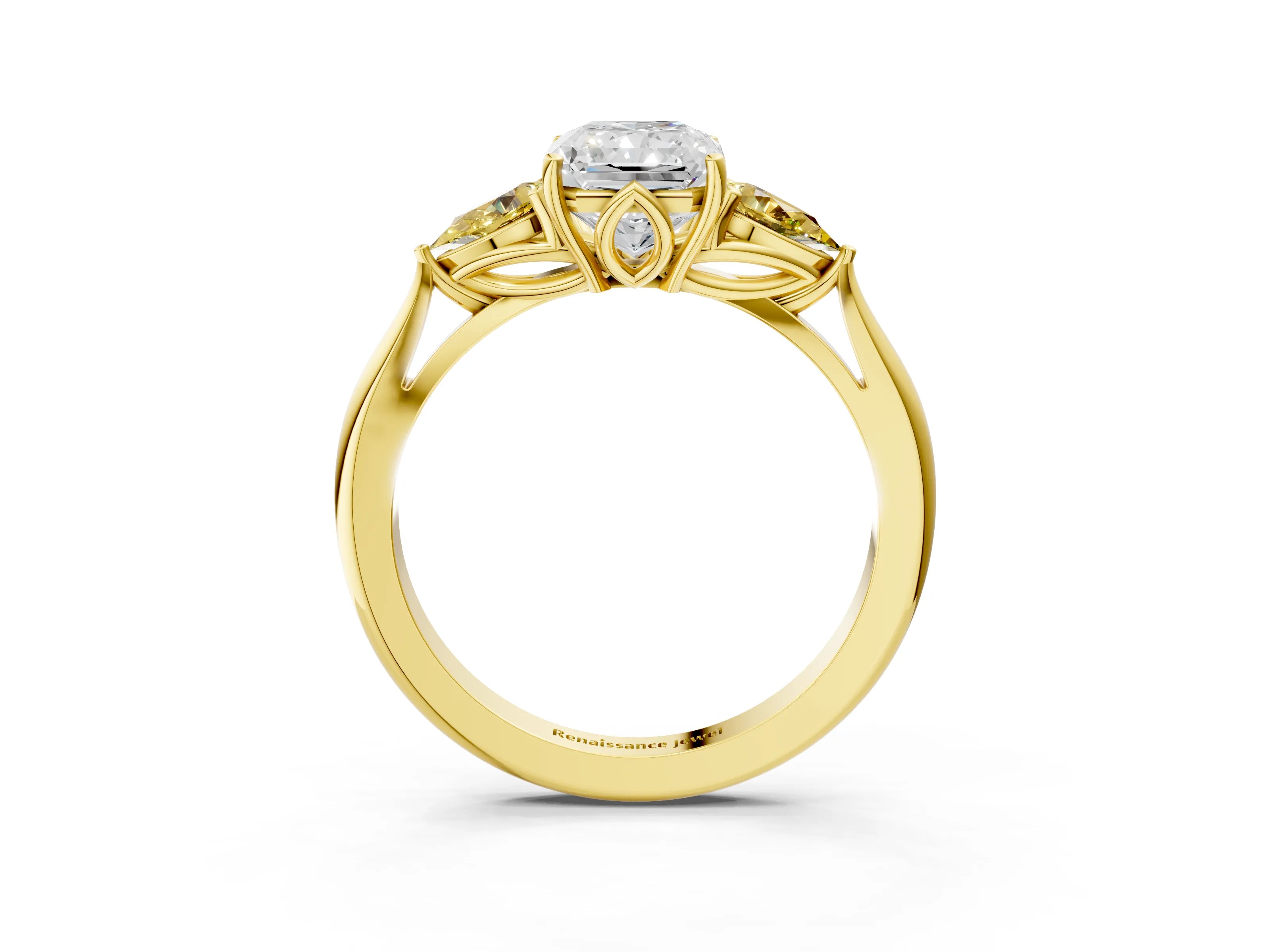 Yellow gold Radiant Cut Diamond Three-Stone Ring with Pear with Yellow Sapphire side stone Side Stones and Prong Setting_3