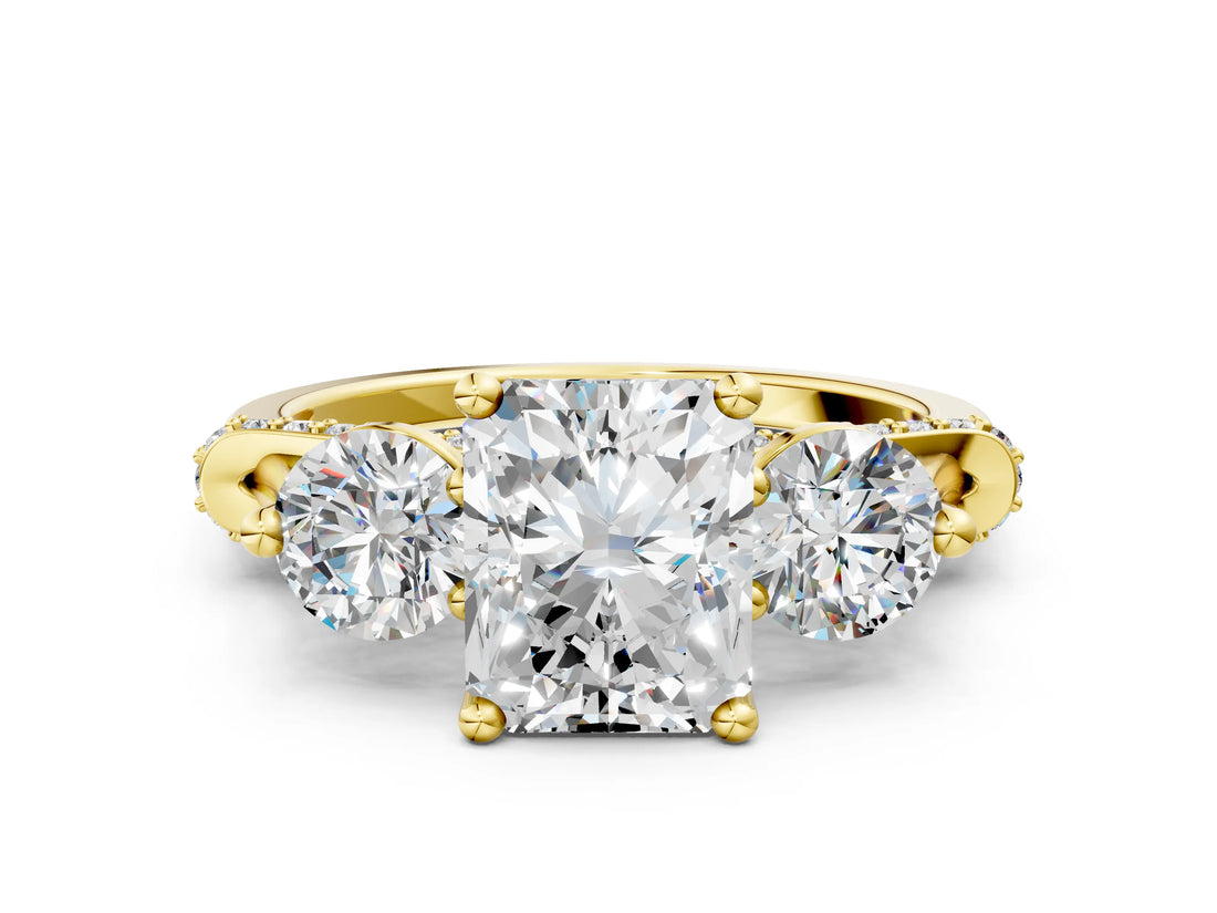 Yellow gold Radiant Cut Diamond Three-Stone Ring with Prong Setting and Pavé Band_3