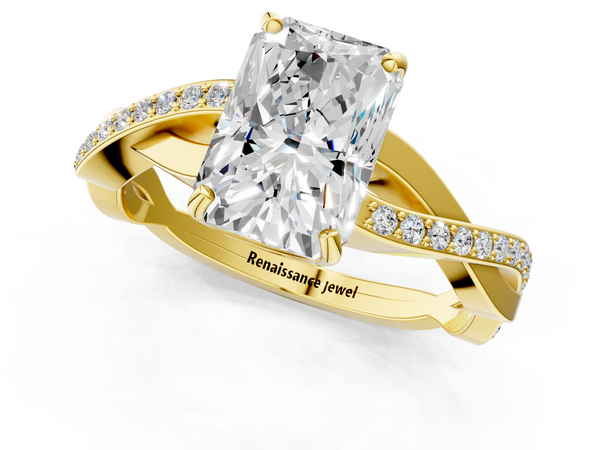 Yellow gold Radiant Cut Diamond Twisted Band Engagement Ring with Prong Setting