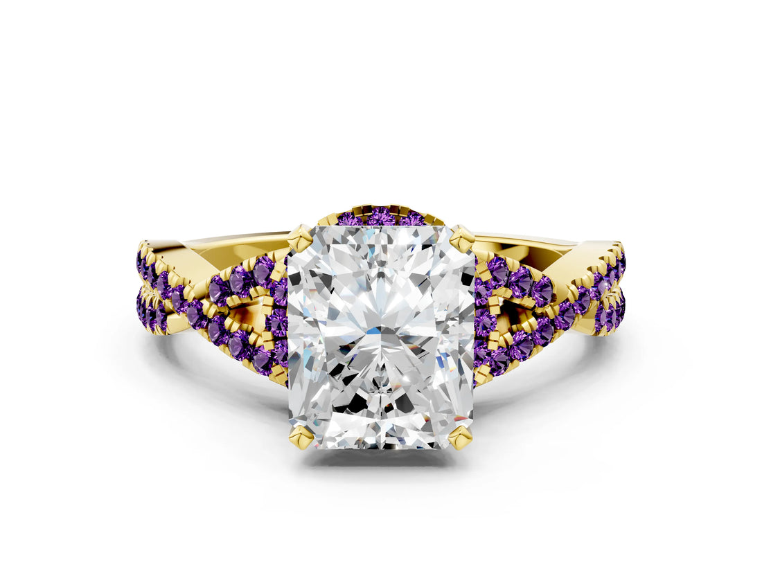 Yellow gold Radiant Cut Diamond with Amethyst side stone Halo Twist Band Solitaire Prong Setting Ring_12