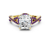 Yellow gold Radiant Cut Diamond with Amethyst side stone Halo Twist Band Solitaire Prong Setting Ring_12
