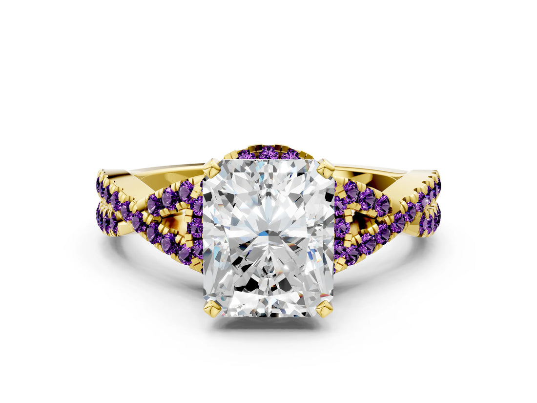 Yellow gold Radiant Cut Diamond with Amethyst side stone Halo Twist Band Solitaire Prong Setting Ring_24