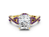 Yellow gold Radiant Cut Diamond with Amethyst side stone Halo Twist Band Solitaire Prong Setting Ring_24