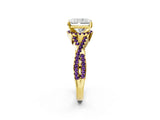 Yellow gold Radiant Cut Diamond with Amethyst side stone Halo Twist Band Solitaire Prong Setting Ring_26