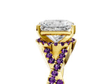 Yellow gold Radiant Cut Diamond with Amethyst side stone Halo Twist Band Solitaire Prong Setting Ring_29