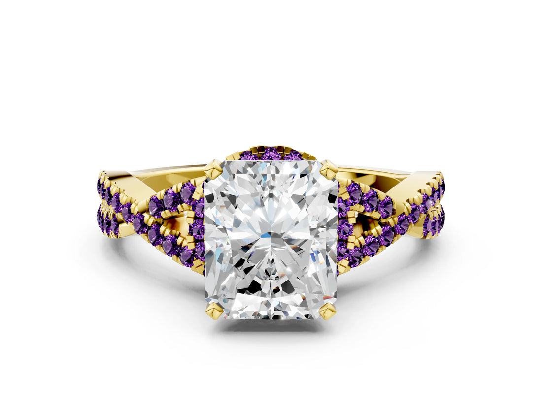 Yellow gold Radiant Cut Diamond with Amethyst side stone Halo Twist Band Solitaire Prong Setting Ring_36