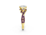 Yellow gold Radiant Cut Diamond with Amethyst side stone Halo Twist Band Solitaire Prong Setting Ring_38