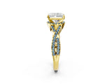 Yellow gold Radiant Cut Diamond with Aquamarine side stone Halo Twist Band Solitaire Prong Setting Ring_14