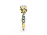 Yellow gold Radiant Cut Diamond with Aquamarine side stone Halo Twist Band Solitaire Prong Setting Ring_26