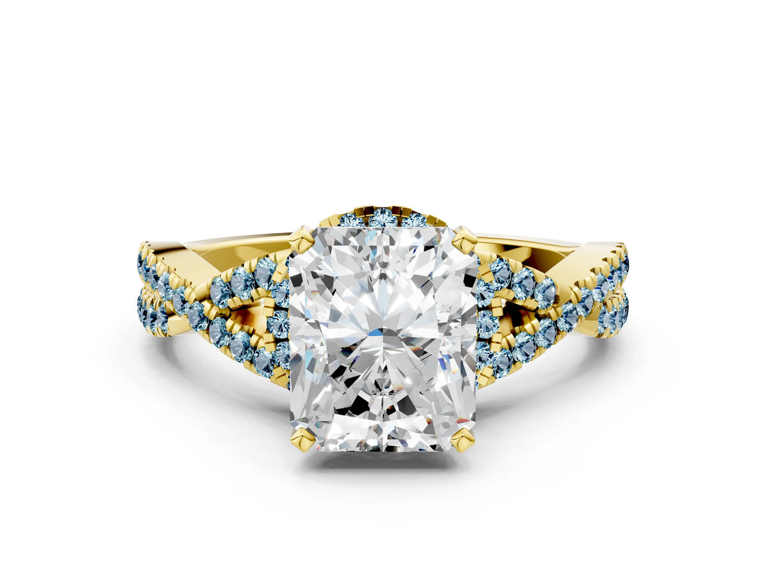 Yellow gold Radiant Cut Diamond with Aquamarine side stone Halo Twist Band Solitaire Prong Setting Ring_30