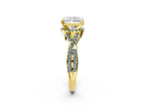 Yellow gold Radiant Cut Diamond with Aquamarine side stone Halo Twist Band Solitaire Prong Setting Ring_32