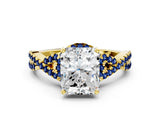 Yellow gold Radiant Cut Diamond with Blue Sapphire side stone Halo Twist Band Solitaire Prong Setting Ring_12