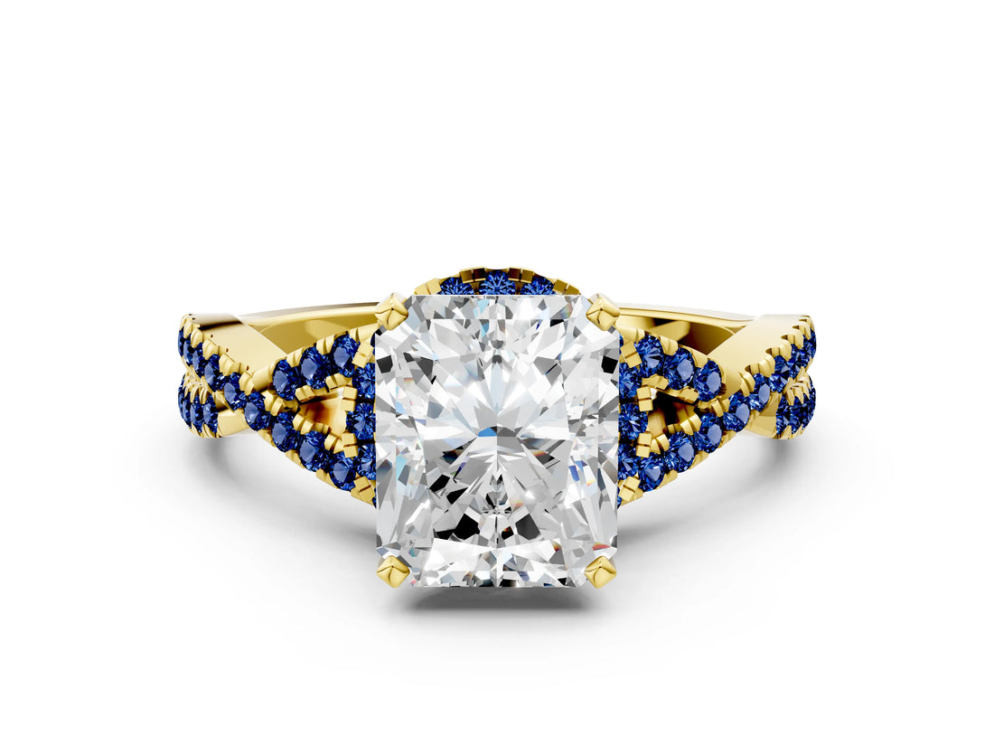 Yellow gold Radiant Cut Diamond with Blue Sapphire side stone Halo Twist Band Solitaire Prong Setting Ring_36