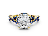 Yellow gold Radiant Cut Diamond with Blue Sapphire side stone Halo Twist Band Solitaire Prong Setting Ring_36