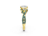 Yellow gold Radiant Cut Diamond with Blue Topaz side stone Halo Twist Band Solitaire Prong Setting Ring_14