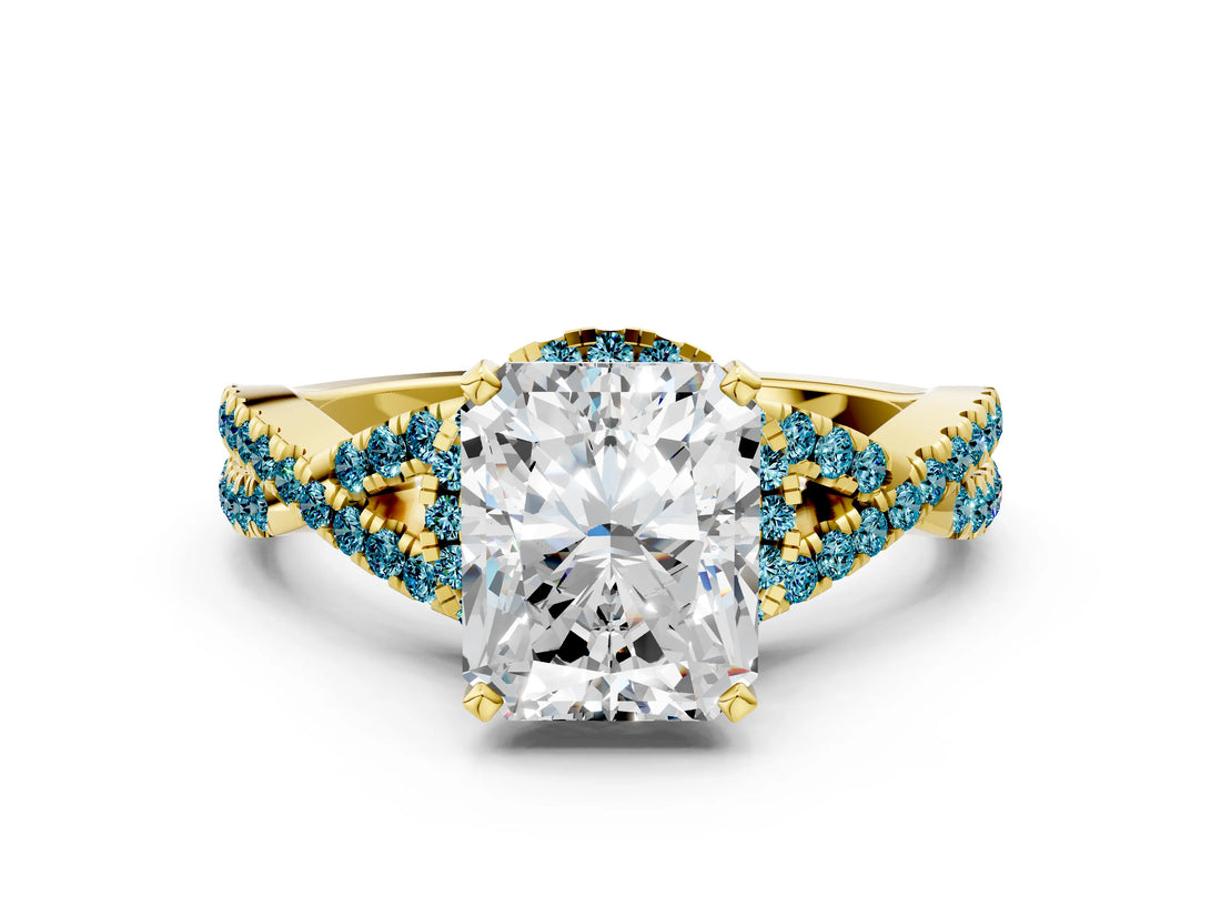 Yellow gold Radiant Cut Diamond with Blue Topaz side stone Halo Twist Band Solitaire Prong Setting Ring_24