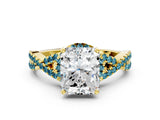 Yellow gold Radiant Cut Diamond with Blue Topaz side stone Halo Twist Band Solitaire Prong Setting Ring_24