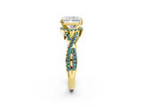 Yellow gold Radiant Cut Diamond with Blue Topaz side stone Halo Twist Band Solitaire Prong Setting Ring_26