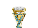 Yellow gold Radiant Cut Diamond with Blue Topaz side stone Halo Twist Band Solitaire Prong Setting Ring_29