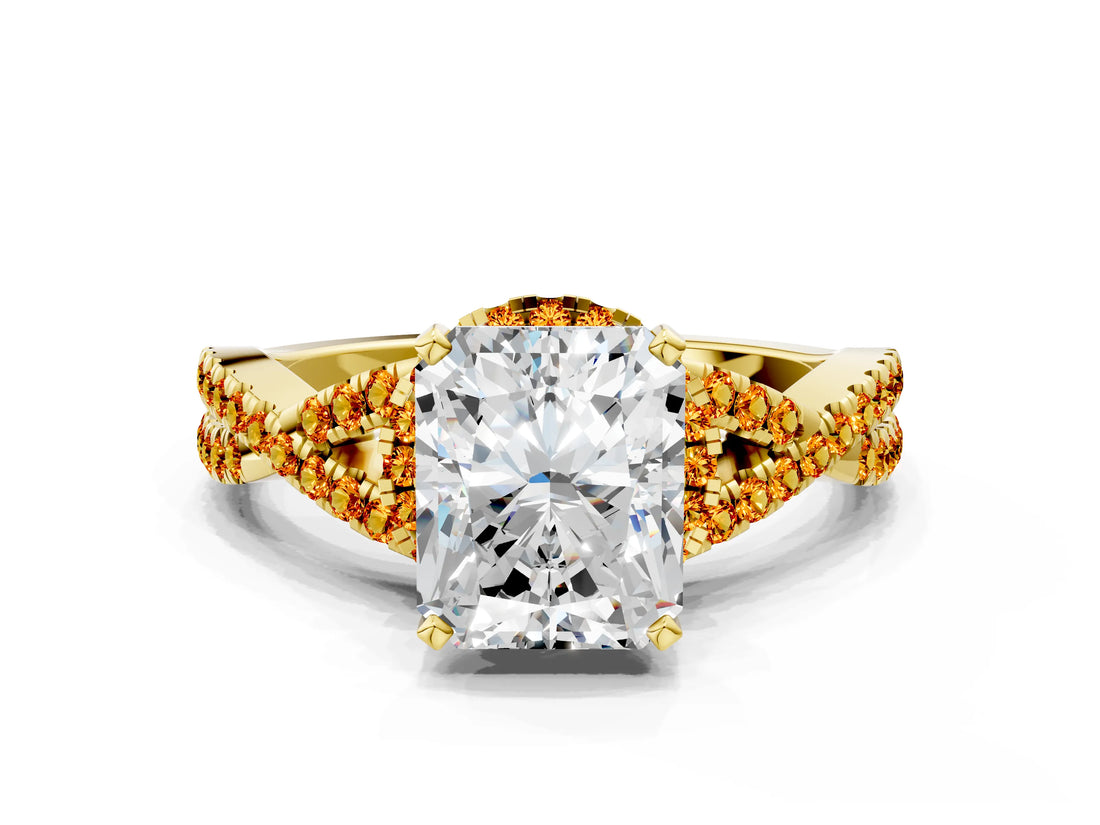 Yellow gold Radiant Cut Diamond with Citrine side stone Halo Twist Band Solitaire Prong Setting Ring_12