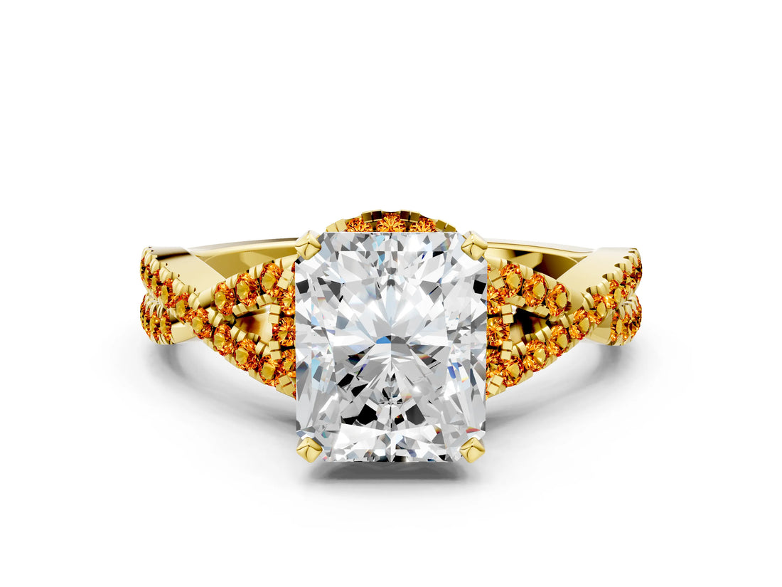 Yellow gold Radiant Cut Diamond with Citrine side stone Halo Twist Band Solitaire Prong Setting Ring_30