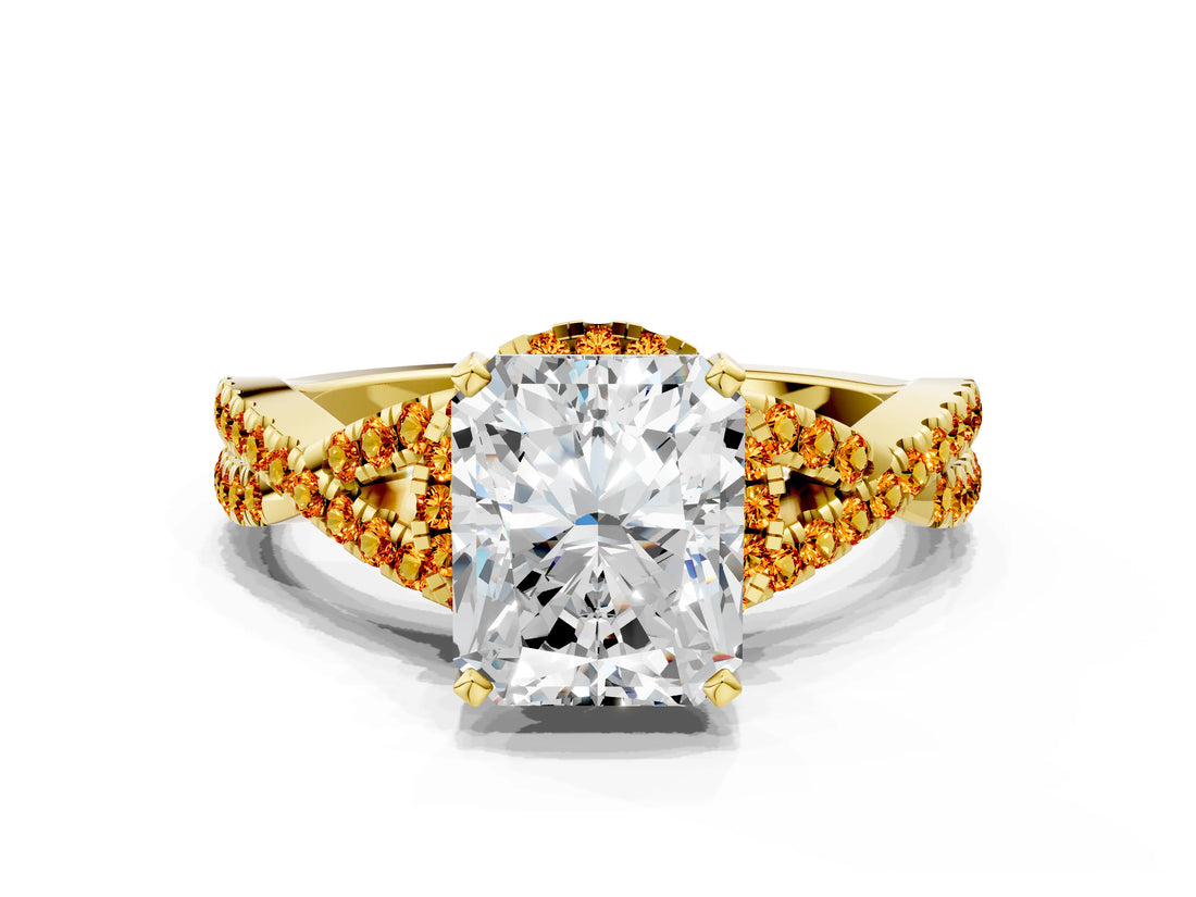 Yellow gold Radiant Cut Diamond with Citrine side stone Halo Twist Band Solitaire Prong Setting Ring_42