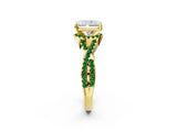 Yellow gold Radiant Cut Diamond with Emerald side stone Halo Twist Band Solitaire Prong Setting Ring_14