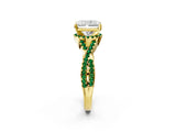 Yellow gold Radiant Cut Diamond with Emerald side stone Halo Twist Band Solitaire Prong Setting Ring_26